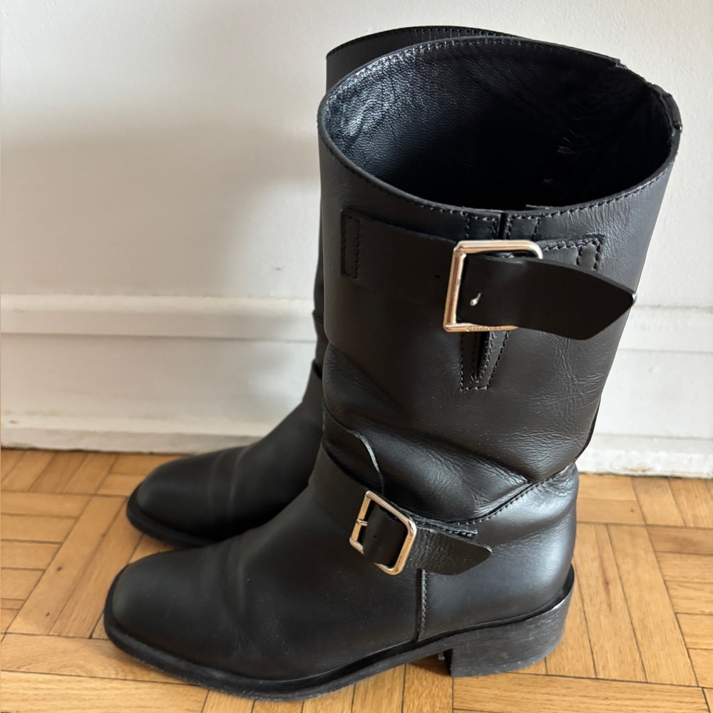 CHANEL Black Leather Moto Boots with Buckles